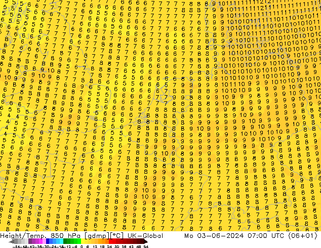 Height/Temp. 850 hPa UK-Global Mo 03.06.2024 07 UTC