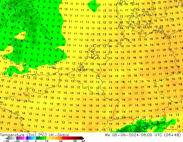 Temperatura (2m) UK-Global mer 05.06.2024 06 UTC