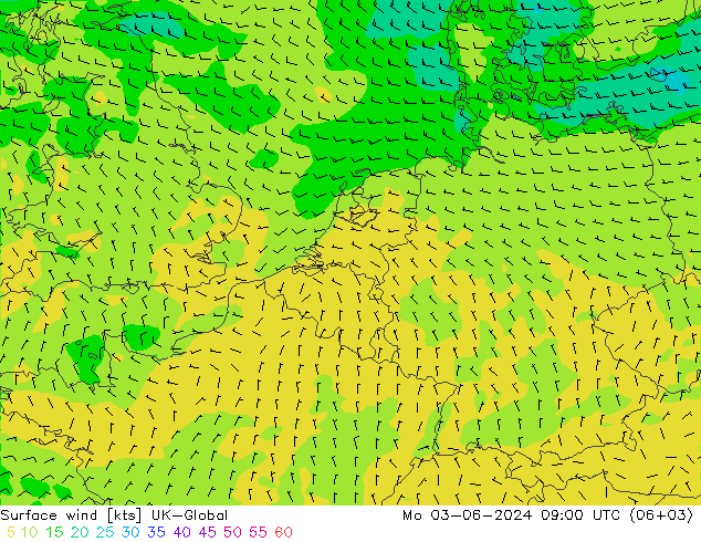 Surface wind UK-Global Mo 03.06.2024 09 UTC