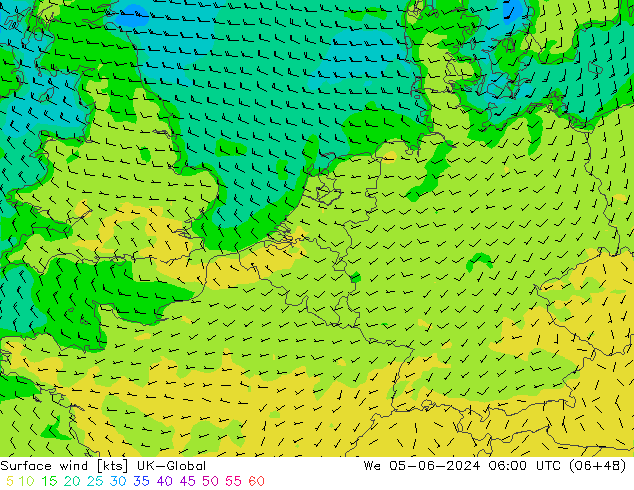Vento 10 m UK-Global mer 05.06.2024 06 UTC