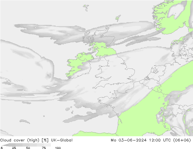 Cloud cover (high) UK-Global Mo 03.06.2024 12 UTC