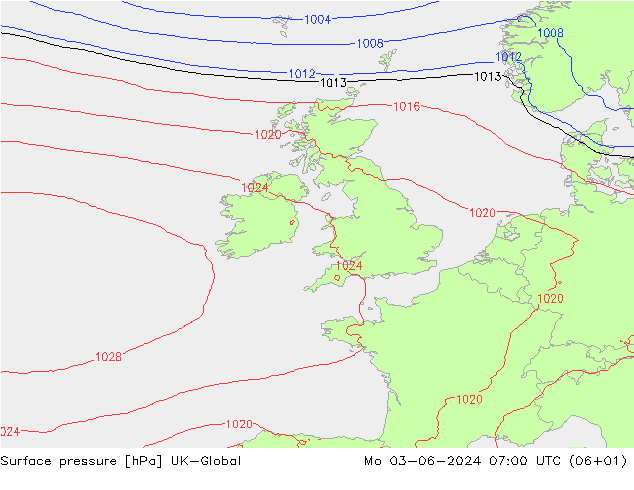 Pressione al suolo UK-Global lun 03.06.2024 07 UTC