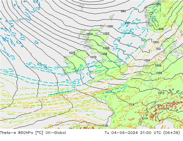 Theta-e 850hPa UK-Global Tu 04.06.2024 21 UTC