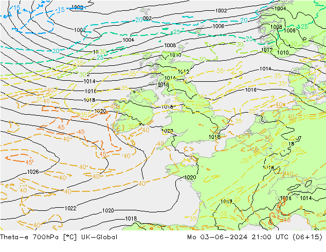 Theta-e 700hPa UK-Global Mo 03.06.2024 21 UTC