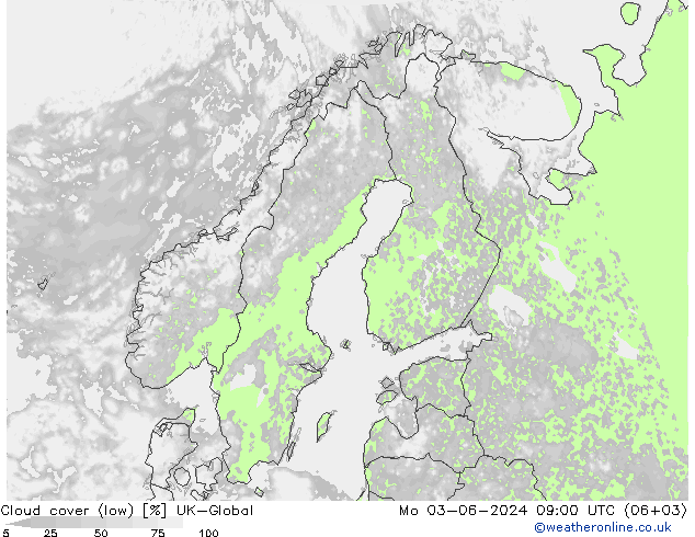 Cloud cover (low) UK-Global Mo 03.06.2024 09 UTC