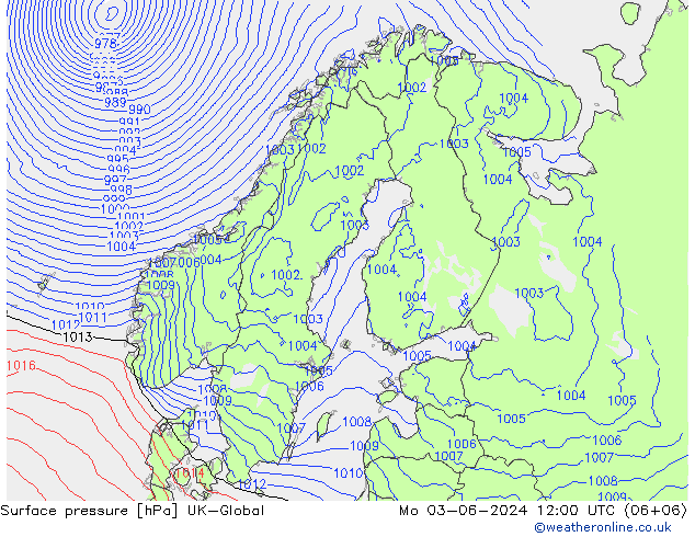 Pressione al suolo UK-Global lun 03.06.2024 12 UTC