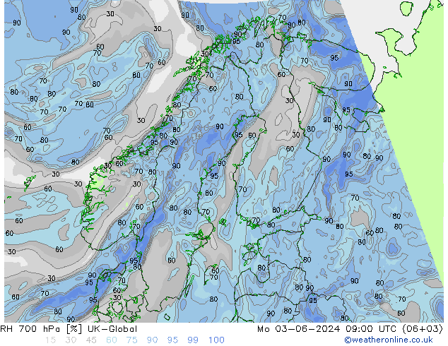 RH 700 гПа UK-Global пн 03.06.2024 09 UTC