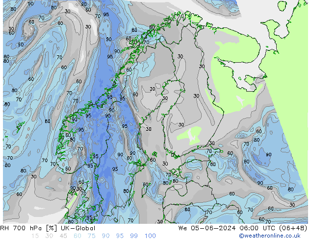 RH 700 hPa UK-Global mer 05.06.2024 06 UTC