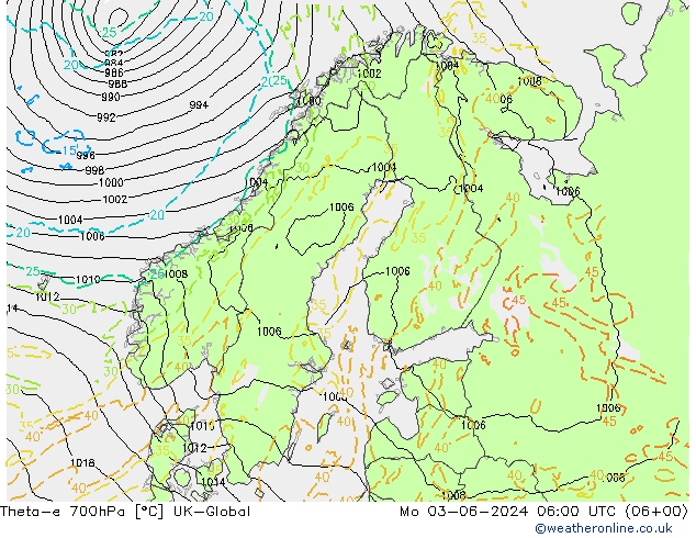 Theta-e 700hPa UK-Global lun 03.06.2024 06 UTC