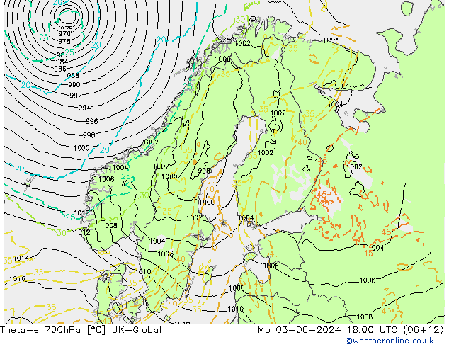 Theta-e 700hPa UK-Global Mo 03.06.2024 18 UTC