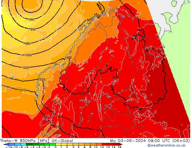 Theta-W 850hPa UK-Global 星期一 03.06.2024 09 UTC