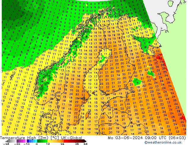 Temperature High (2m) UK-Global 星期一 03.06.2024 09 UTC