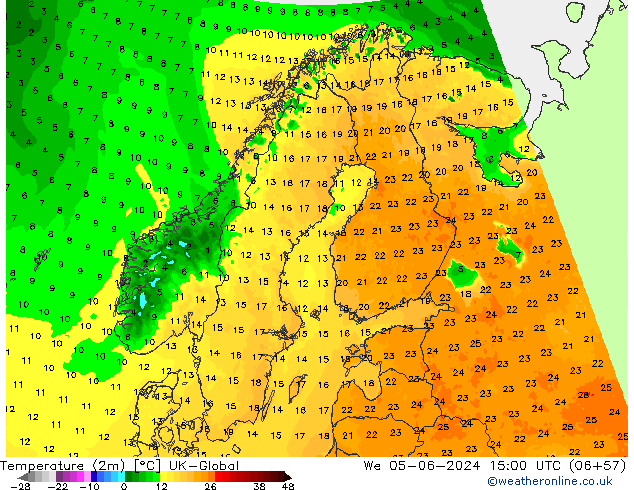 Sıcaklık Haritası (2m) UK-Global Çar 05.06.2024 15 UTC