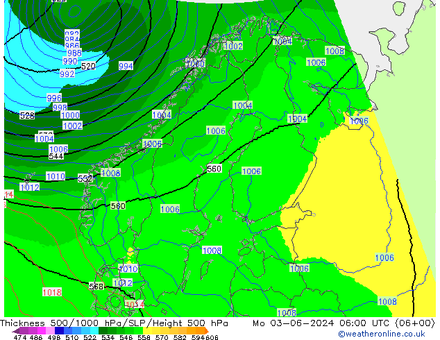 Thck 500-1000hPa UK-Global pon. 03.06.2024 06 UTC