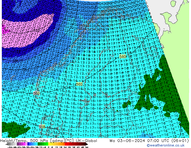 Height/Temp. 500 hPa UK-Global 星期一 03.06.2024 07 UTC