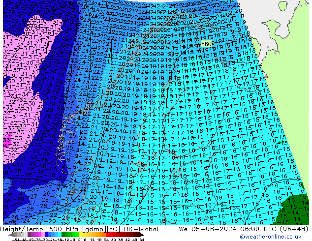 Height/Temp. 500 hPa UK-Global Mi 05.06.2024 06 UTC