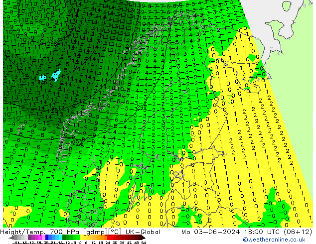 Height/Temp. 700 hPa UK-Global Mo 03.06.2024 18 UTC