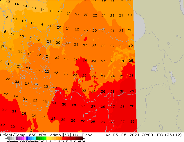 Height/Temp. 850 hPa UK-Global mer 05.06.2024 00 UTC