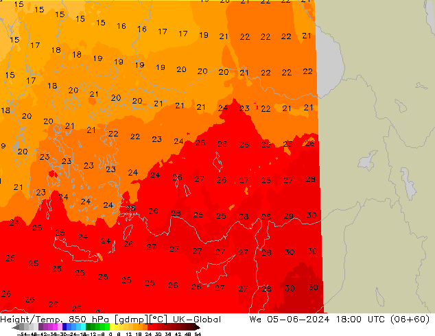 Yükseklik/Sıc. 850 hPa UK-Global Çar 05.06.2024 18 UTC