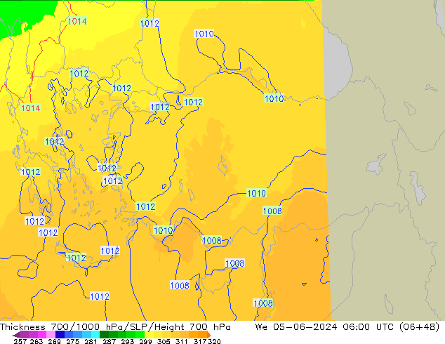 Thck 700-1000 гПа UK-Global ср 05.06.2024 06 UTC
