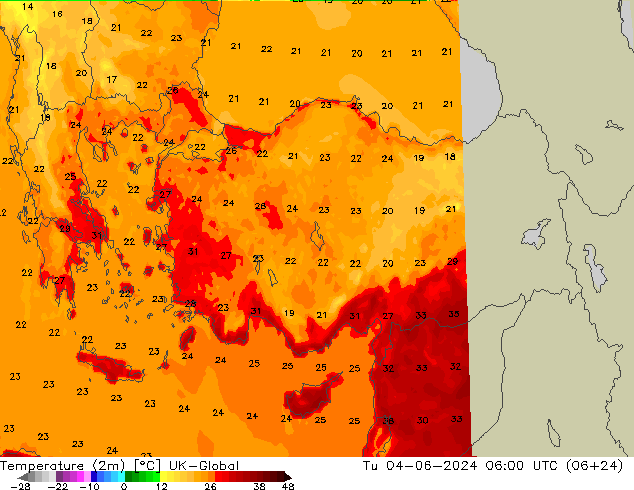 Temperatura (2m) UK-Global Ter 04.06.2024 06 UTC