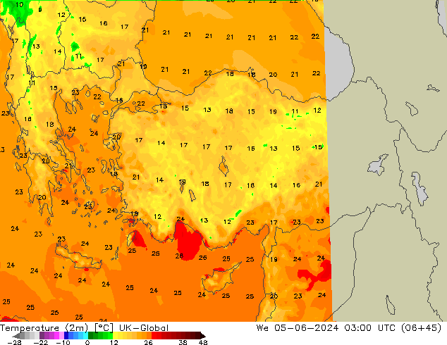 température (2m) UK-Global mer 05.06.2024 03 UTC