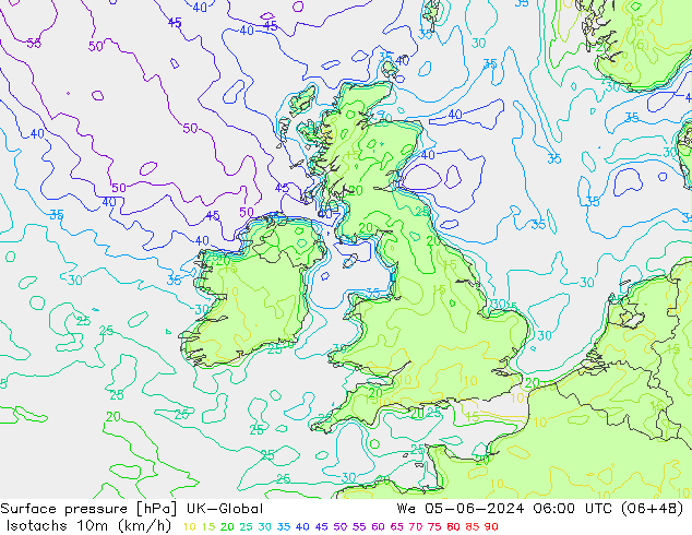 Eşrüzgar Hızları (km/sa) UK-Global Çar 05.06.2024 06 UTC