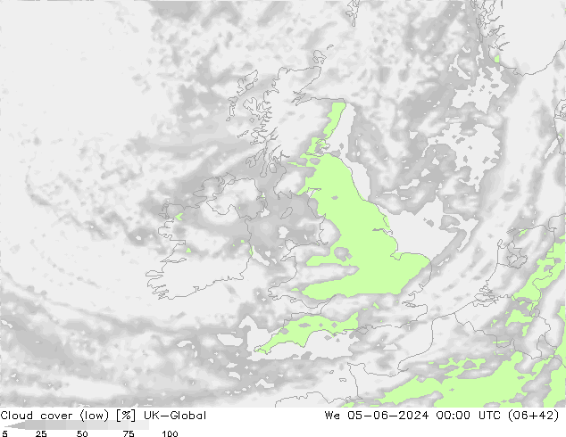 Cloud cover (low) UK-Global We 05.06.2024 00 UTC