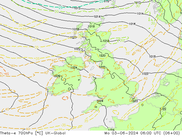 Theta-e 700hPa UK-Global Mo 03.06.2024 06 UTC
