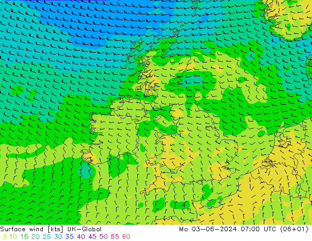 Vent 10 m UK-Global lun 03.06.2024 07 UTC