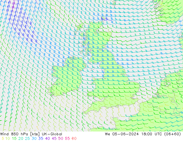 Wind 850 hPa UK-Global Mi 05.06.2024 18 UTC