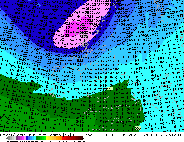 Height/Temp. 500 hPa UK-Global wto. 04.06.2024 12 UTC