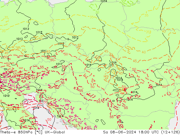 Theta-e 850гПа UK-Global сб 08.06.2024 18 UTC