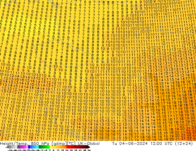 Height/Temp. 850 hPa UK-Global Tu 04.06.2024 12 UTC