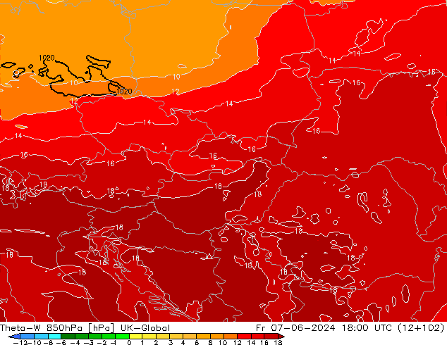 Theta-W 850hPa UK-Global Pá 07.06.2024 18 UTC