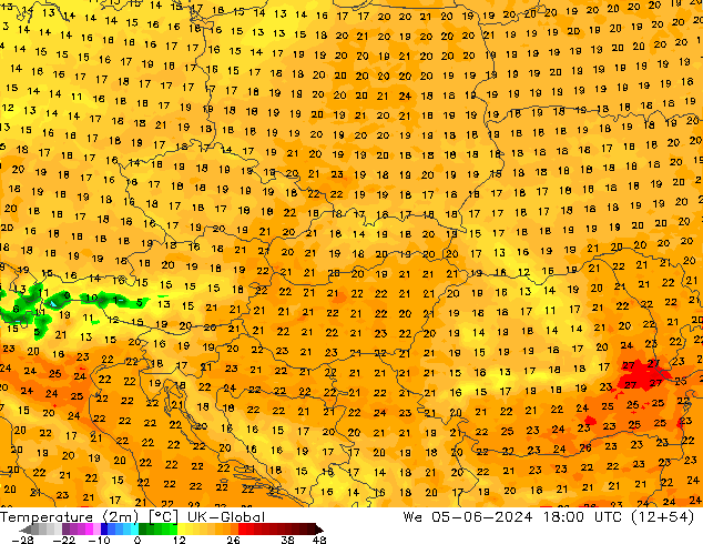 Temperature (2m) UK-Global We 05.06.2024 18 UTC