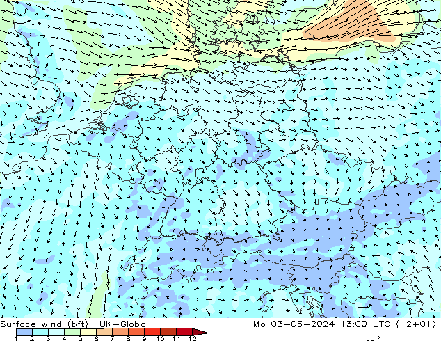 Surface wind (bft) UK-Global Mo 03.06.2024 13 UTC