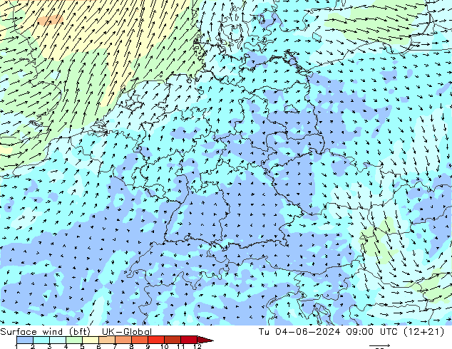 Wind 10 m (bft) UK-Global di 04.06.2024 09 UTC