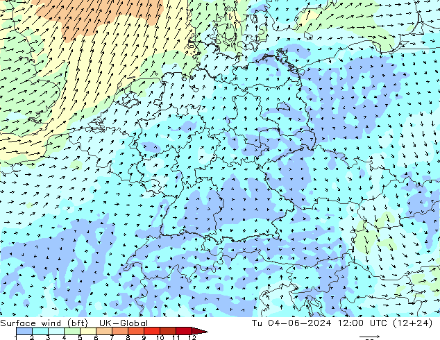 Viento 10 m (bft) UK-Global mar 04.06.2024 12 UTC