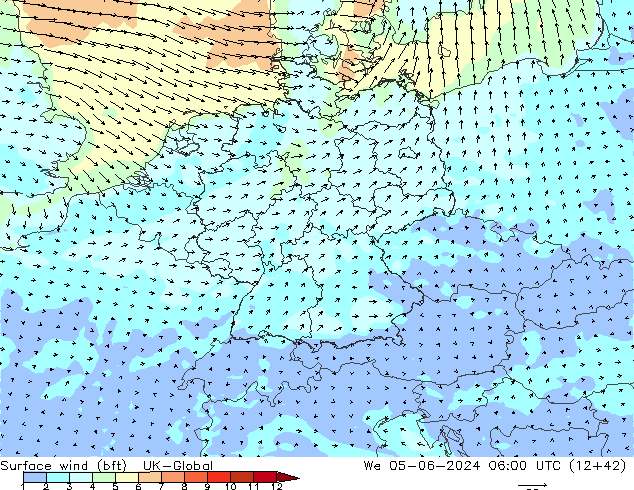 wiatr 10 m (bft) UK-Global śro. 05.06.2024 06 UTC