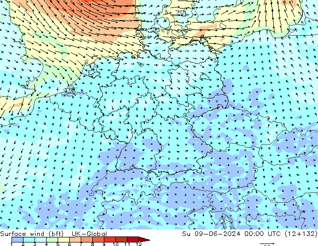 Viento 10 m (bft) UK-Global dom 09.06.2024 00 UTC