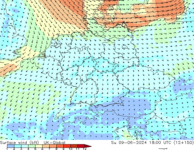 wiatr 10 m (bft) UK-Global nie. 09.06.2024 18 UTC