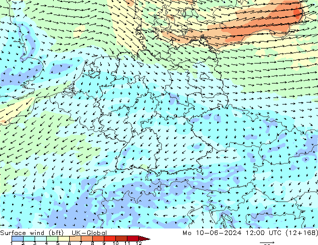 Surface wind (bft) UK-Global Mo 10.06.2024 12 UTC