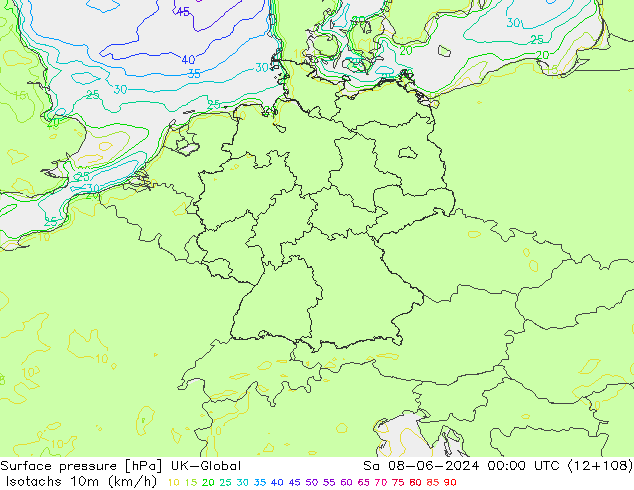 Isotaca (kph) UK-Global sáb 08.06.2024 00 UTC