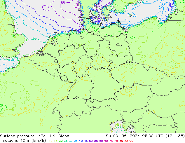 Eşrüzgar Hızları (km/sa) UK-Global Paz 09.06.2024 06 UTC