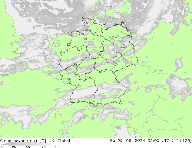 Cloud cover (low) UK-Global Su 09.06.2024 03 UTC