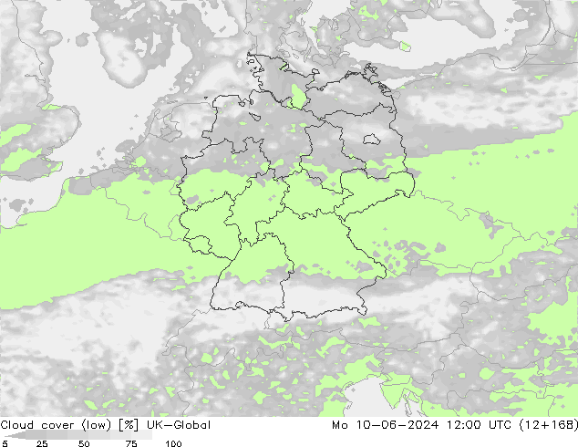 Cloud cover (low) UK-Global Mo 10.06.2024 12 UTC