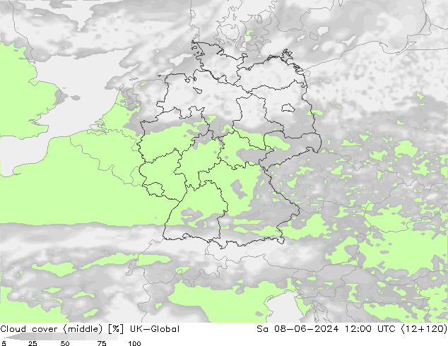 Bewolking (Middelb.) UK-Global za 08.06.2024 12 UTC