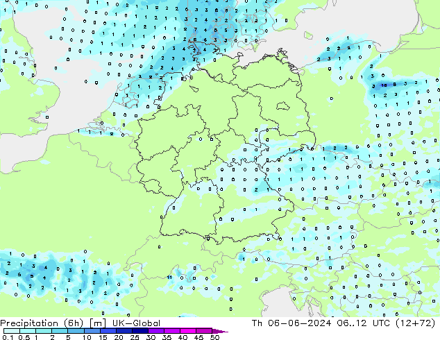 Precipitation (6h) UK-Global Th 06.06.2024 12 UTC