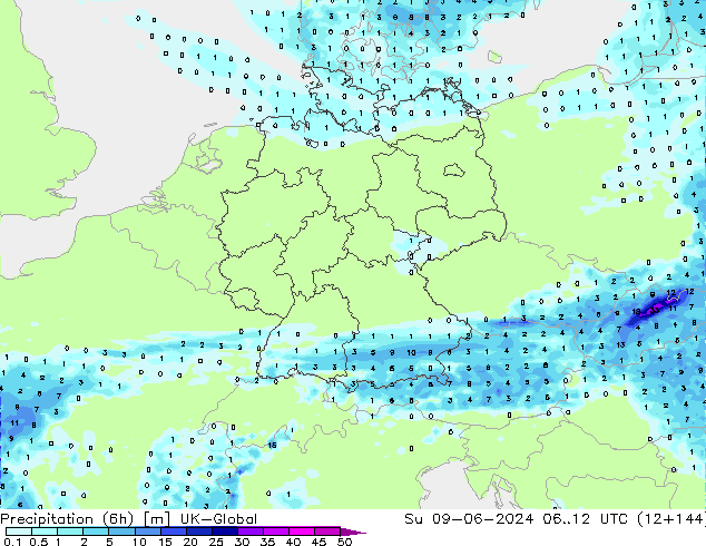 Precipitação (6h) UK-Global Dom 09.06.2024 12 UTC